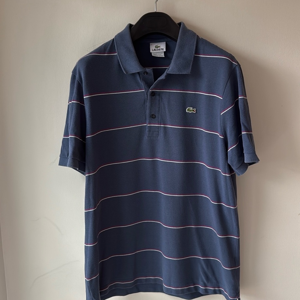 Men’s Lacoste polo in blue with white and pink stripe size 5